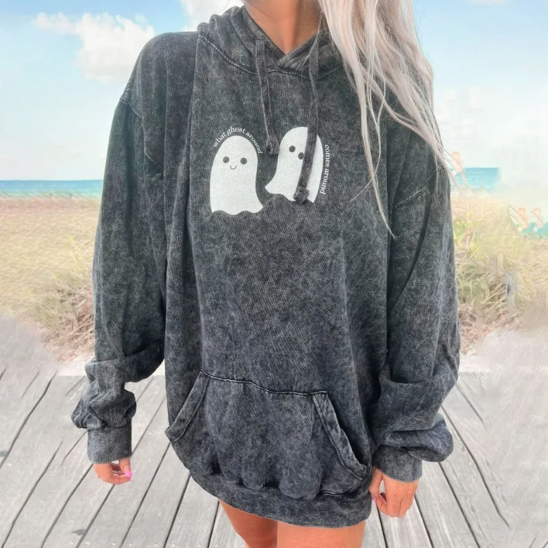 

American Retro Distressed Sweater Women's Autumn Loose Jacket Thin BF Style Ghost Letter Printed Hooded Top