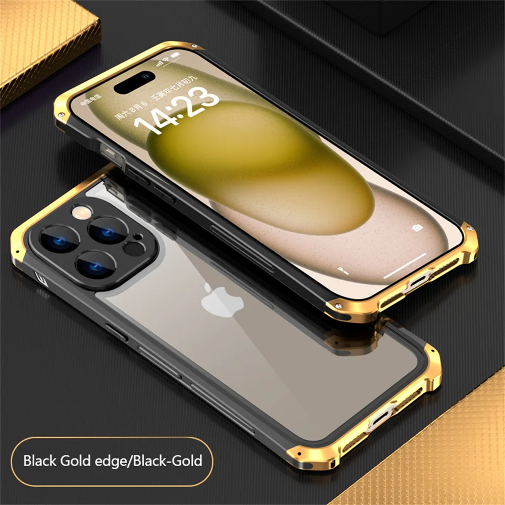 

Противоударный металлический бронированный чехол для iPhone 15 Pro Max, прозрачный чехол из закаленного стекла для iPhone 14 Plus, 13, 14, 15 Pro Max, чехол