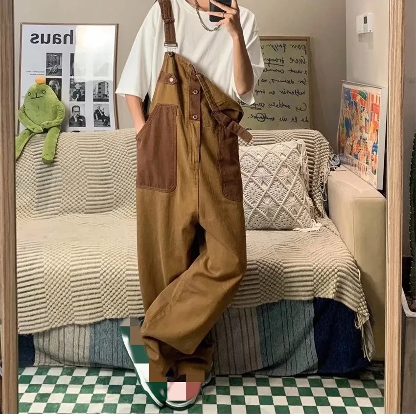 

Spring and Autumn Fashion Men's One-Piece Pants Japanese Retro Work Style Loose Casual Trend Straight Color Blocking Back Pants