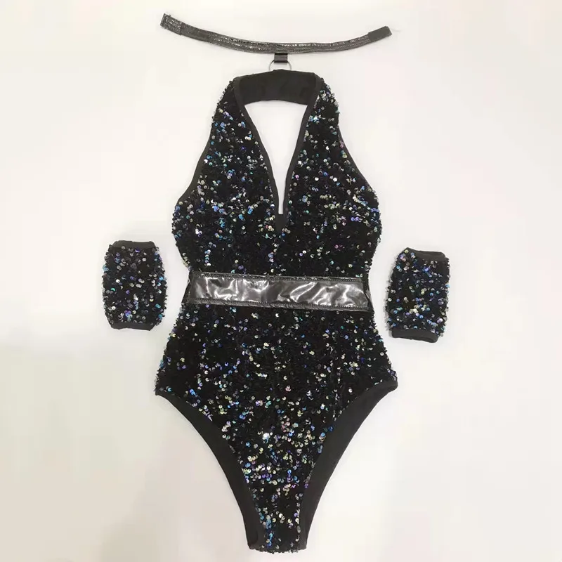 

Shiny Sequins Backless Bodysuit Nightclub Bar Women Singer Dancer Team Stage Performance Clothes Halter Leotard Dance Costume