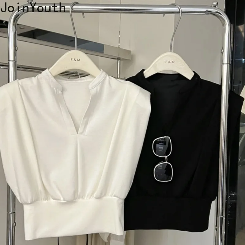 T Shirts for Women Crop Tops Flying Sleeve V-neck Tees Fashion Summer Camisetas Casual Loose White T-shirts 2025 Ropa Mujer - 5
