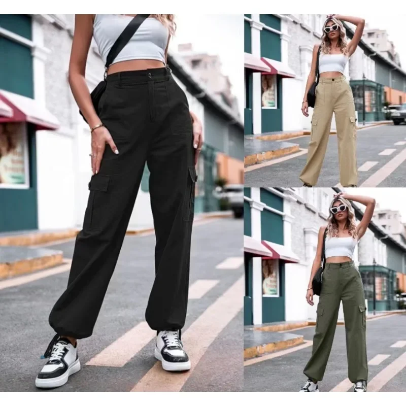 

Женские винтажные широкие брюки, повседневные однотонные брюки с карманами для танцев в стиле High Street, осень