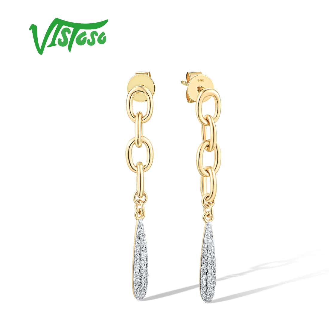 

VISTOSO Genuine 14K 585 Yellow Gold Stud Earrings For Women Sparkling Diamond Long Links Exquisite Simple Fine Jewelry