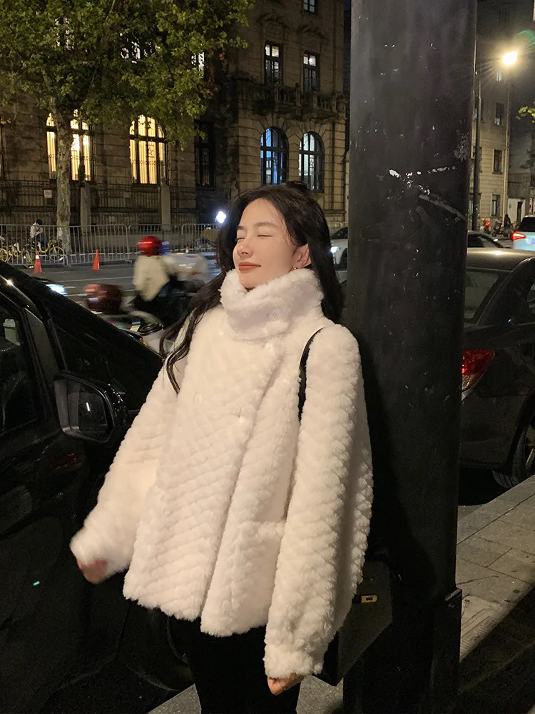 New Stand Collar Cloud Medium and Long Light Soft Lamb Wool Grain Sheep Sheared Fur Coat Cardigan Female