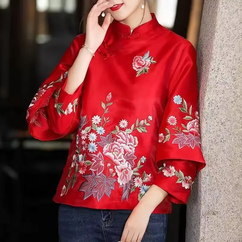 Chinese Traditional Clothes Qipao Top Elegant Cheongsam Blouse Ethic Tang Suit Hanfu Coat Retro Embroidery Button New Spring