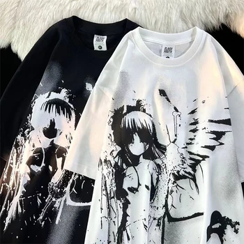 Retro Angel Print Short-sleeved Women T-shirt Summer  Harajuku Casual   Loose Cotton Oversize Women's T-shirts Female Clothing 1