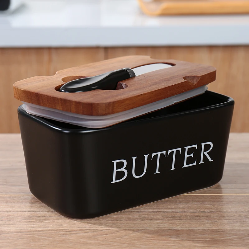 Black Butter Dish with Lid and Knife for Countertop Airtight Ceramic Butter Retainer with Acacia Wood Cover for Counter or Refrigerator Black Trim & Accessories