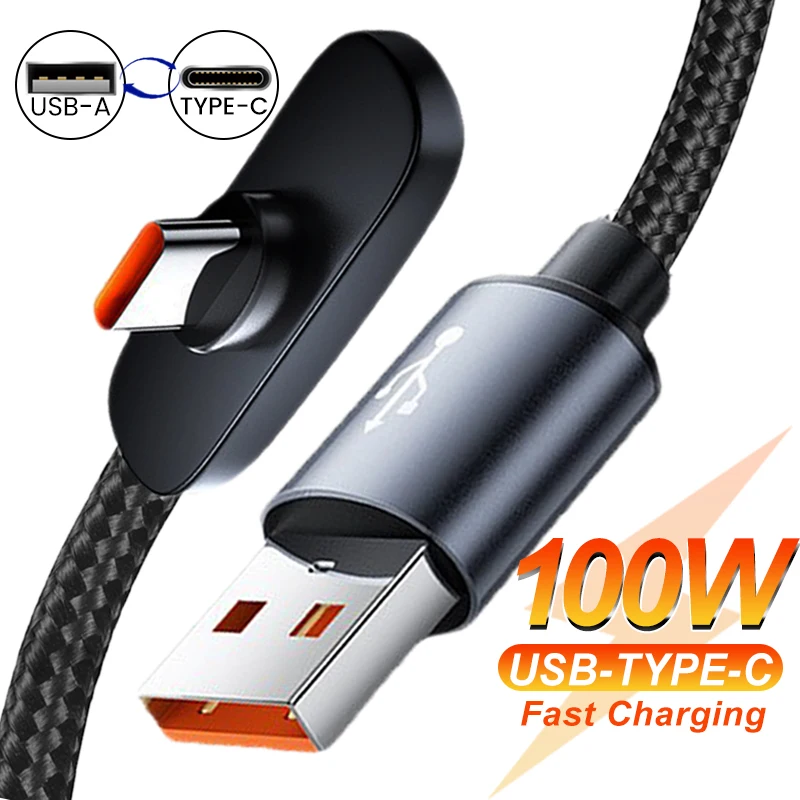สายชาร์จ Type-C 90 องศา หัวงอ ชาร์จเร็ว 100W สำหรับมือถือและแท็บเล็ต