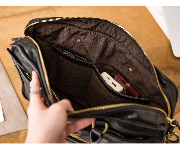 Business handgemachte echtes Leder Männer große Kapazität schwarze Aktentasche Modedesigner Rindsleder Laptop Handtasche Umhängetasche – Detail 16