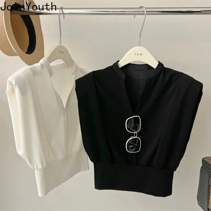 T Shirts for Women Crop Tops Flying Sleeve V-neck Tees Fashion Summer Camisetas Casual Loose White T-shirts 2025 Ropa Mujer - 4
