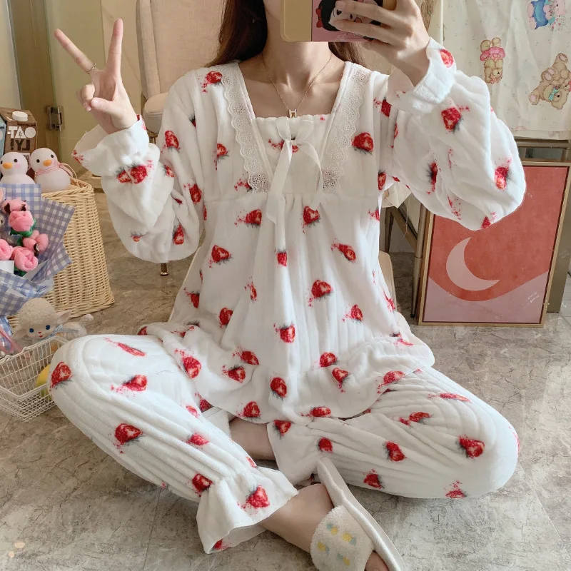 Women Pajamas Sets Winter Flannel Sleepwear Velvet Pyjama 2 Pieces Bow Print Pjs Warm Pijamas Mujer Female Loungewear Homewear