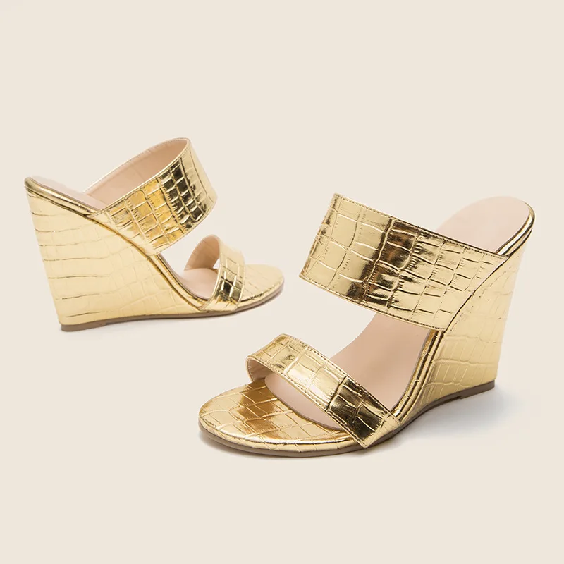 Women Wedges Sandals Gold Mule High Heeled Shoes 2023 Summer New Fashion  Metallic Bling Heels Slip On Comfy Casual Slipper - Women's Sandals -  AliExpress