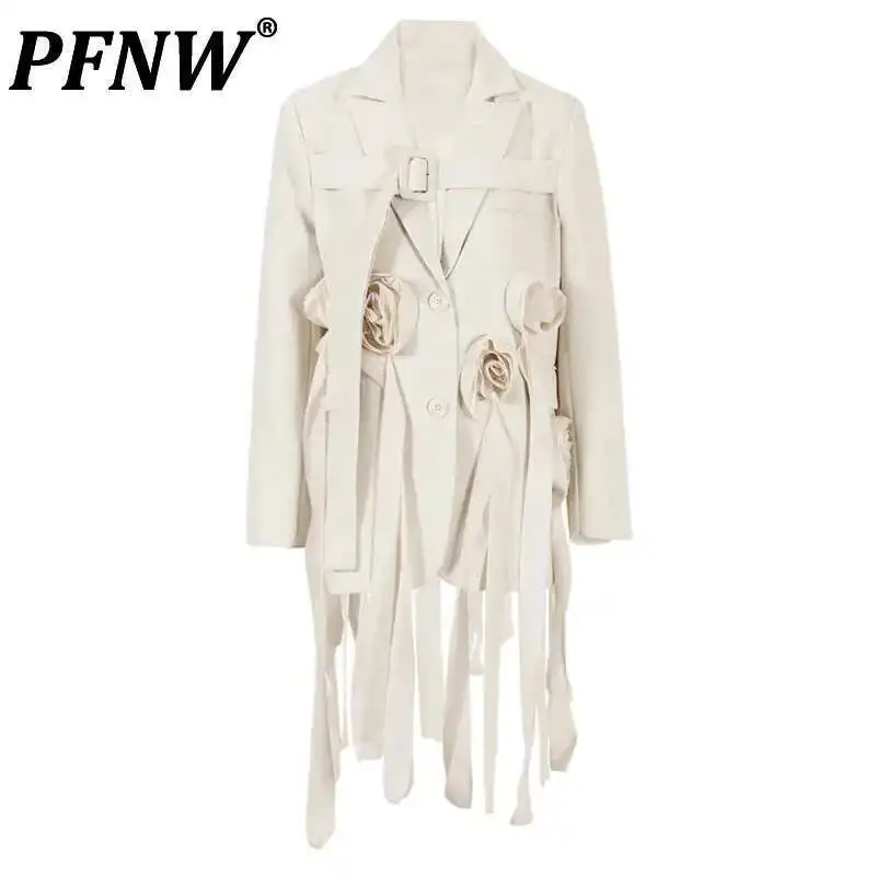 PFNW 남성용 베이지 플라워 불규칙 롱 블레이저, 라펠 긴팔, 루즈핏 재킷, ..