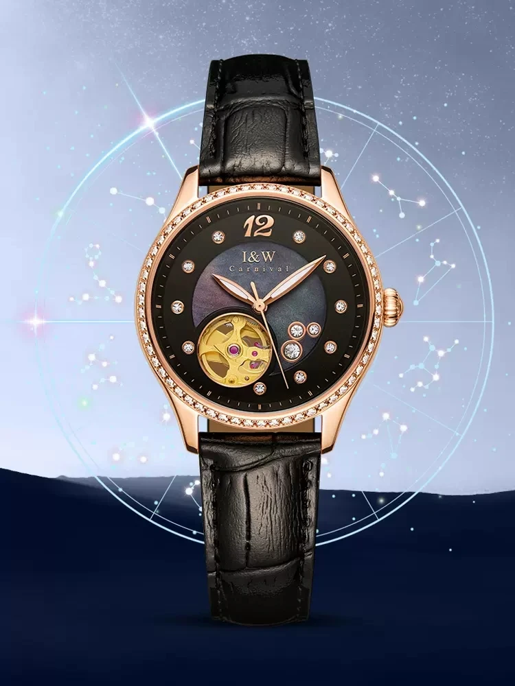 CARNIVAL Brand IW High-End Series MIYOTA Mechanical Watch for Women Leather Skeleton Sapphire Ladies Wriswatch Gift For Female