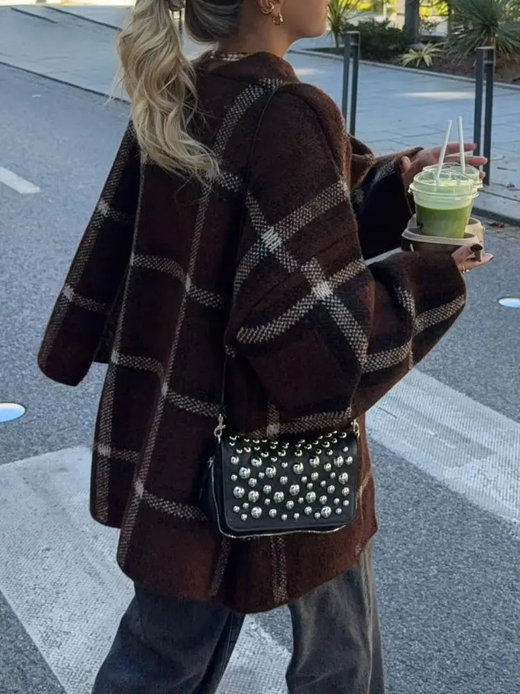 HH Women Elegant Plaid Knit Scarf Collar Coat Loose Casual Long Sleeve Jacket With Pockets 2025 Autumn Winter Warm Outwear