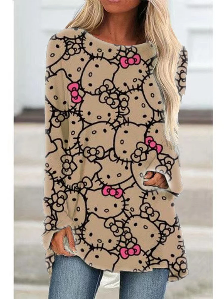 

Hello Kitty Women's Long Sleeve T-shirt Basic Cartoon 3D Printing Fairy O-Neck Loose Raglan Sleeve Fashion Street Casual Top