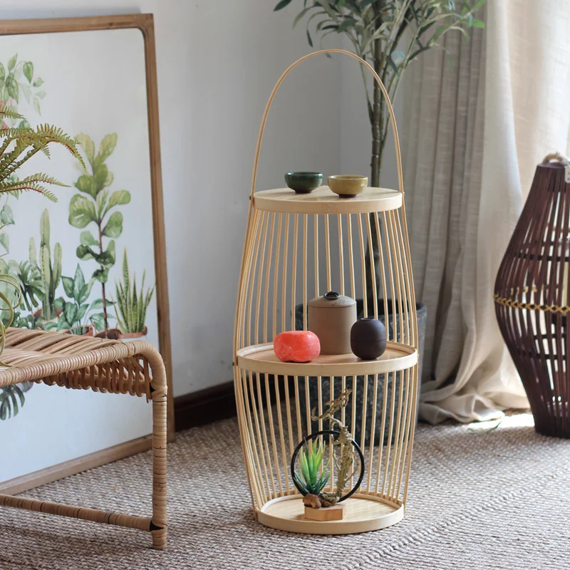 

Chinese Bamboo Tea Table Living Room Model Villa Double Floor Coffee Table Designer Japanese Handmade Side Table