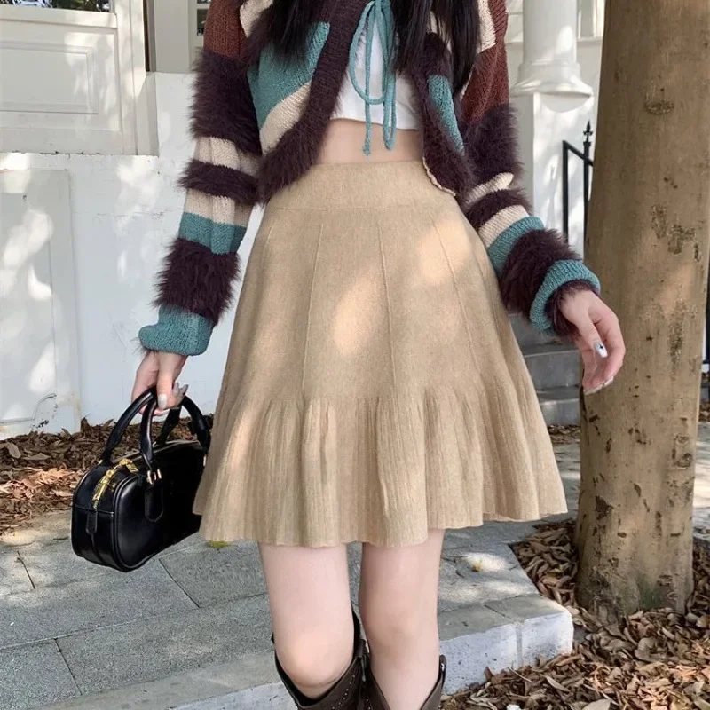 Solid Pleated Knitted Skirts for Women Autumn Winter Casual Loose Faldas High Waist A-line Mini Skirt Sweet Korean Clothing tificy autumn blazers women s ultra heavy duty patchwork pleated fairy style casual suit jacket top