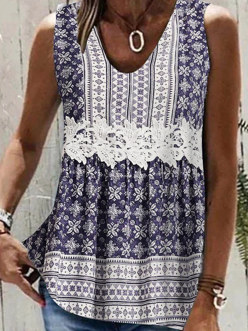 

Plus Size Women's Sleeveless V-Neck Lace Graphic Floral Printed Top