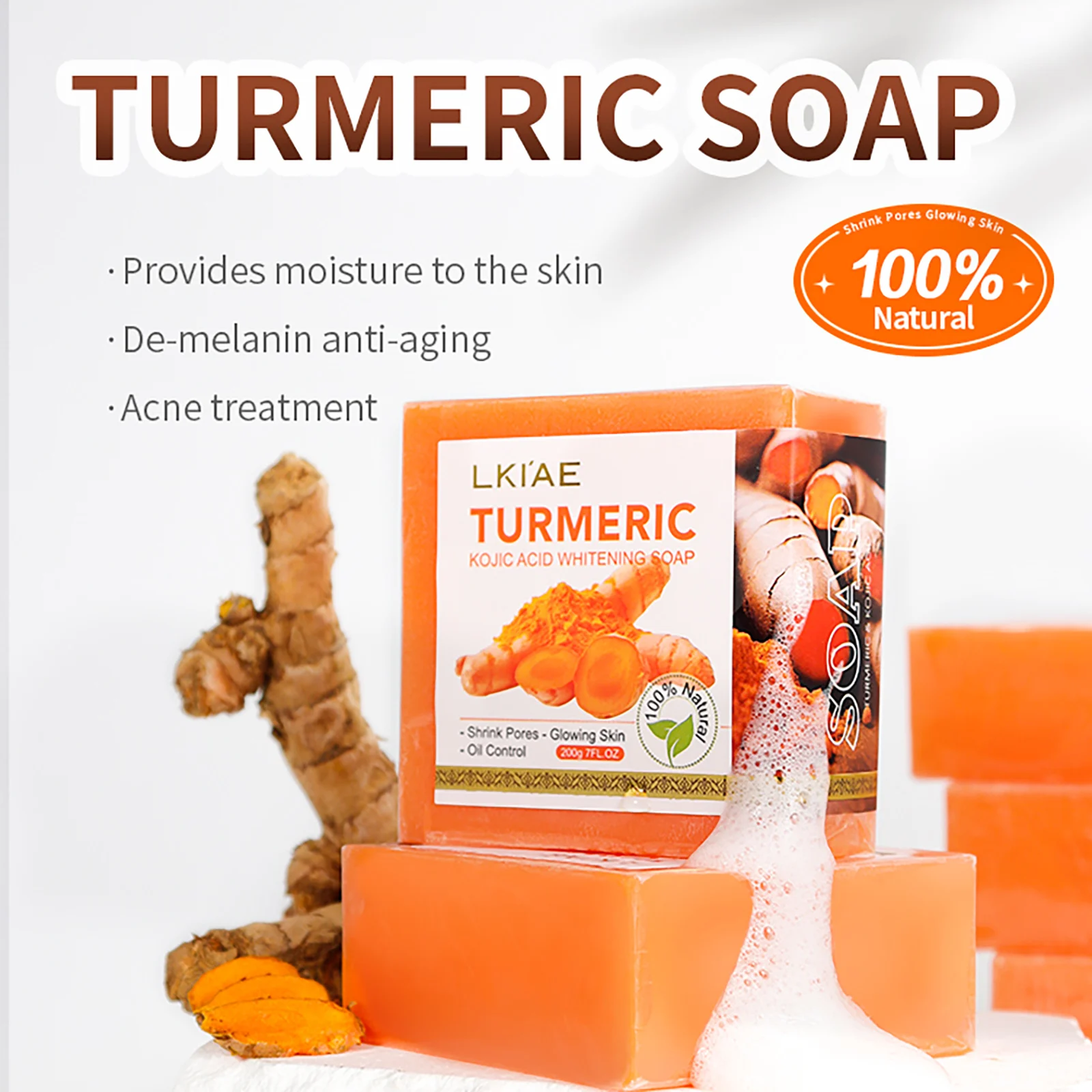 LKIAE Organic Turmeric Soap, Handmade, Whitening, for All Skin Types, Remove Black Spots, Melanin, Acne, For Face, Body, 200g