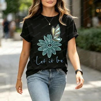 Vintage Boho Peace Symbol Flower Butterfly Womens T Shirt Fashion Summer Short Sleeve Let It Be Slogan Floral Casual Daily Tees 3