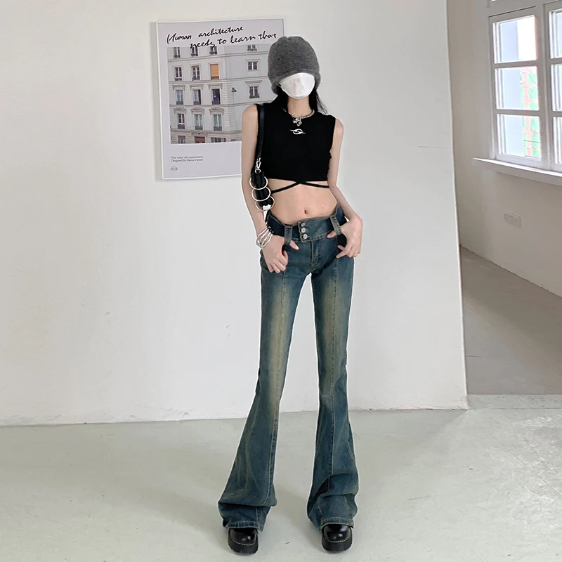 

Vintage Double Button Elastic High Waist Irregular Spicy Girl Flare Jeans