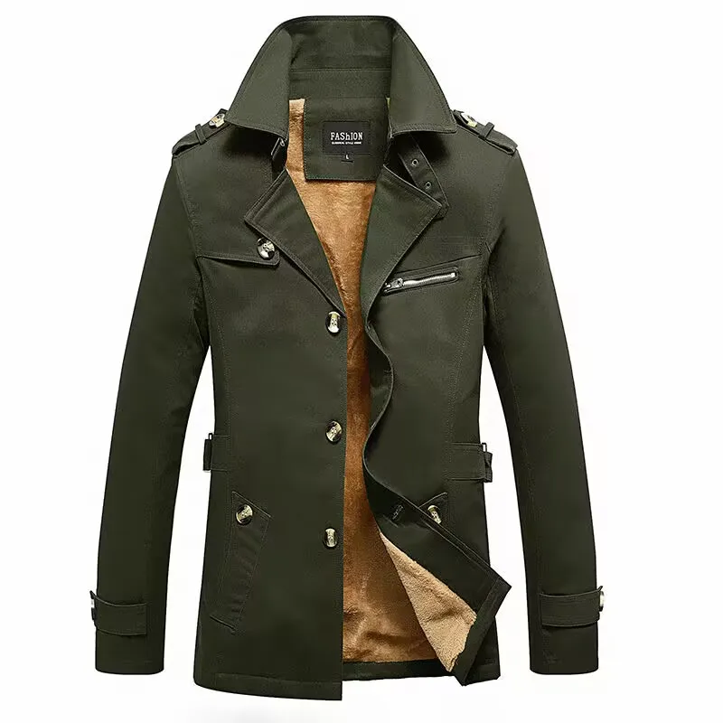 Men Winter Jackets Business Casual Cotton Turn-Down Collar Windbreaker Trench Coat