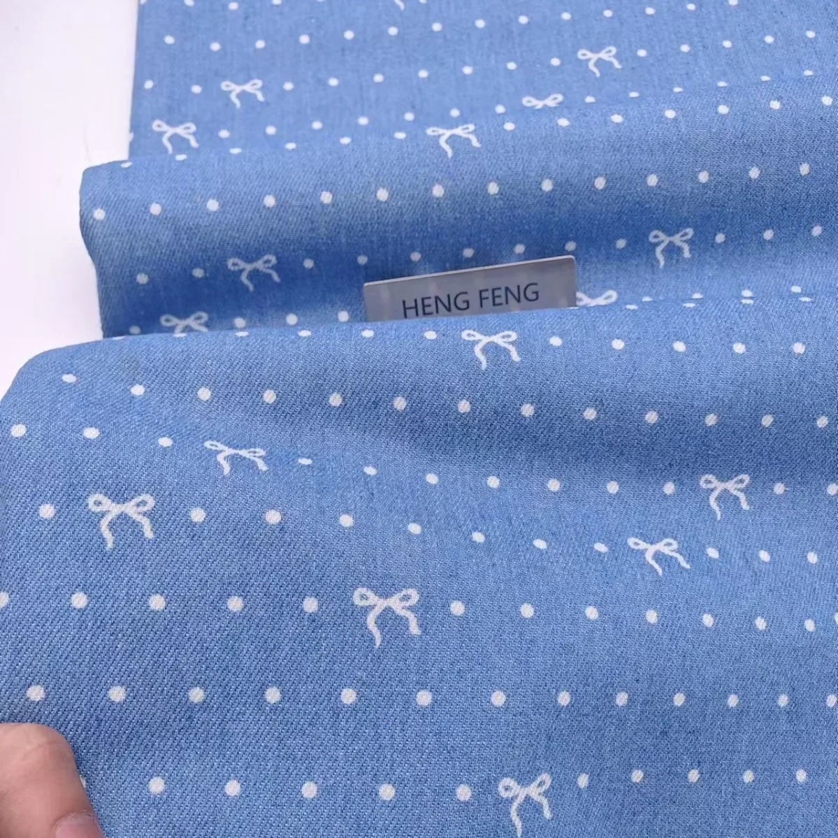 Trendy Polka Dot Bow Tie Denim Print Washed Fabric for Pants Jackets Skirts Bags Hats Home Use from Mainland China Origin