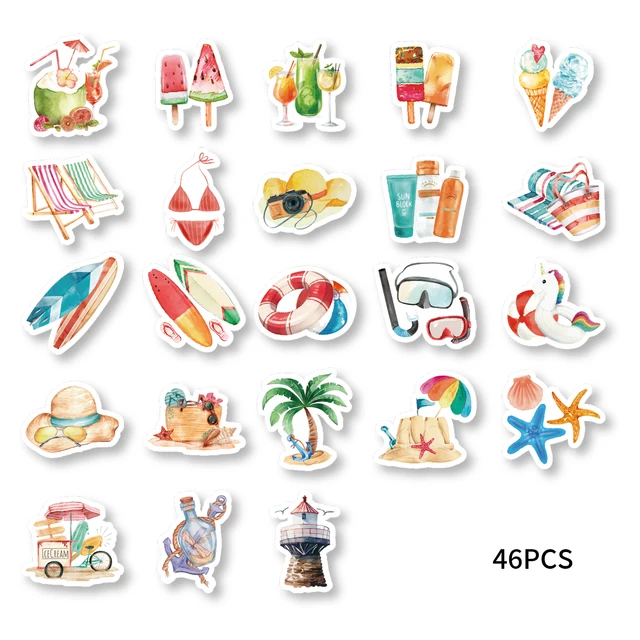 46PCS Starfish, Swim Ring, Popsicle Summer Beach Theme Stickers Decorated Notebook Diary Skateboard DIY Classic Toy Stationery 6