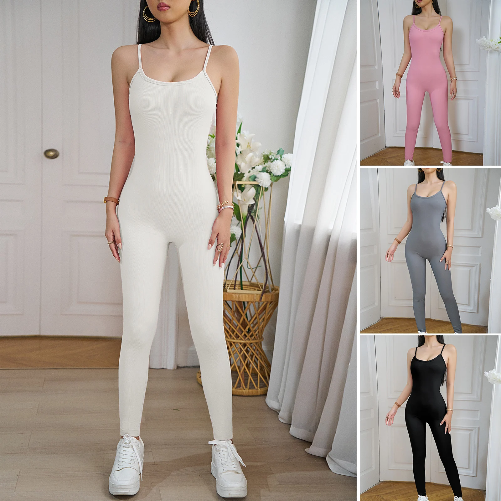 2023 New Ins Slim Stretch Sports Jumpsuit Solid Colour Sleeveless Tube Top High Waisted Pant Women's Playsuit Suspender Leggings