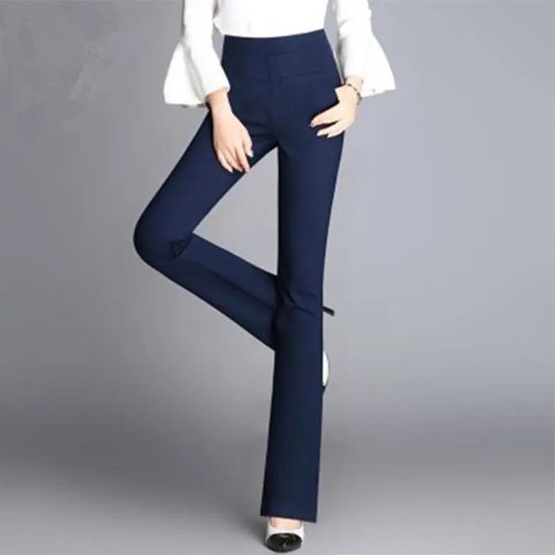 

Office Lady Korean Fashion Solid Flare Pants Spring Autumn New Women Casual High Waist Slim Pocket Blue Casual Suits Trousers