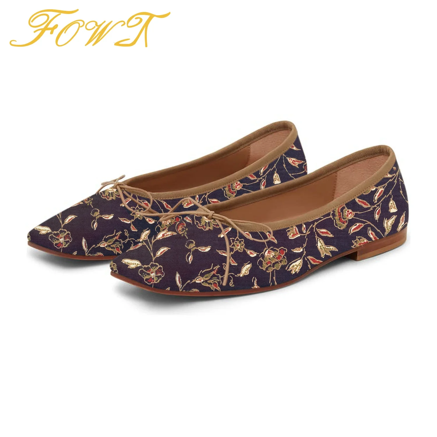 

Floral Butterfly-Knot Women's Ballet Flats Square Toe Spring Autumn Casual Classic Ladies Shoes Slip On Large Size 42 43 FOWT