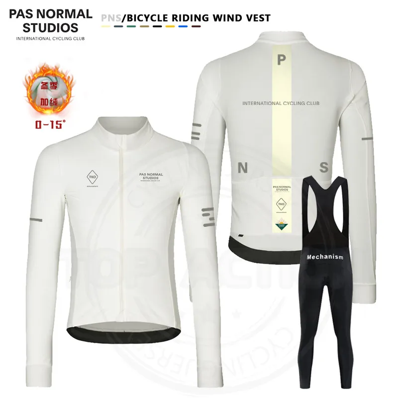 

NEW Pas Normal Studios Men Winter Thermal Fleece Cycling Outfit Set Long Sleeve Jersey Clothes PNS Pants Gel Clothing Laser Cut