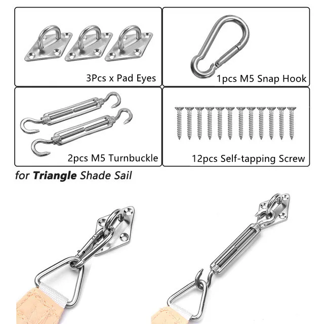 Háromszög Napsütéses Vitorla Tartozék 18Pcs/Szett 304 Rozsdamentes Acél Kültéri Napellenző Hardverkészlet Turnbuckle Pad Eye Hook Csavarok