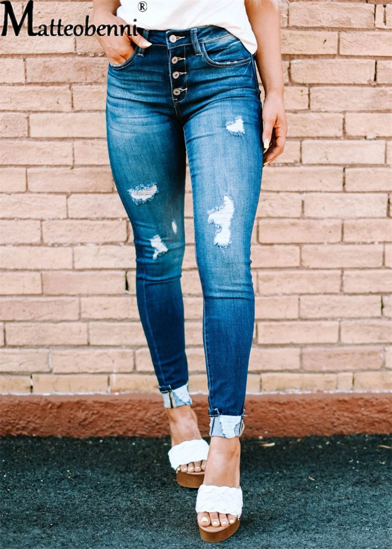 Women's Casual Tight Jeans 2023 Autumn Fashion Slim Fit Pencil Pants Commuter Female Broken Hole Vintage Skinny Denim Trousers