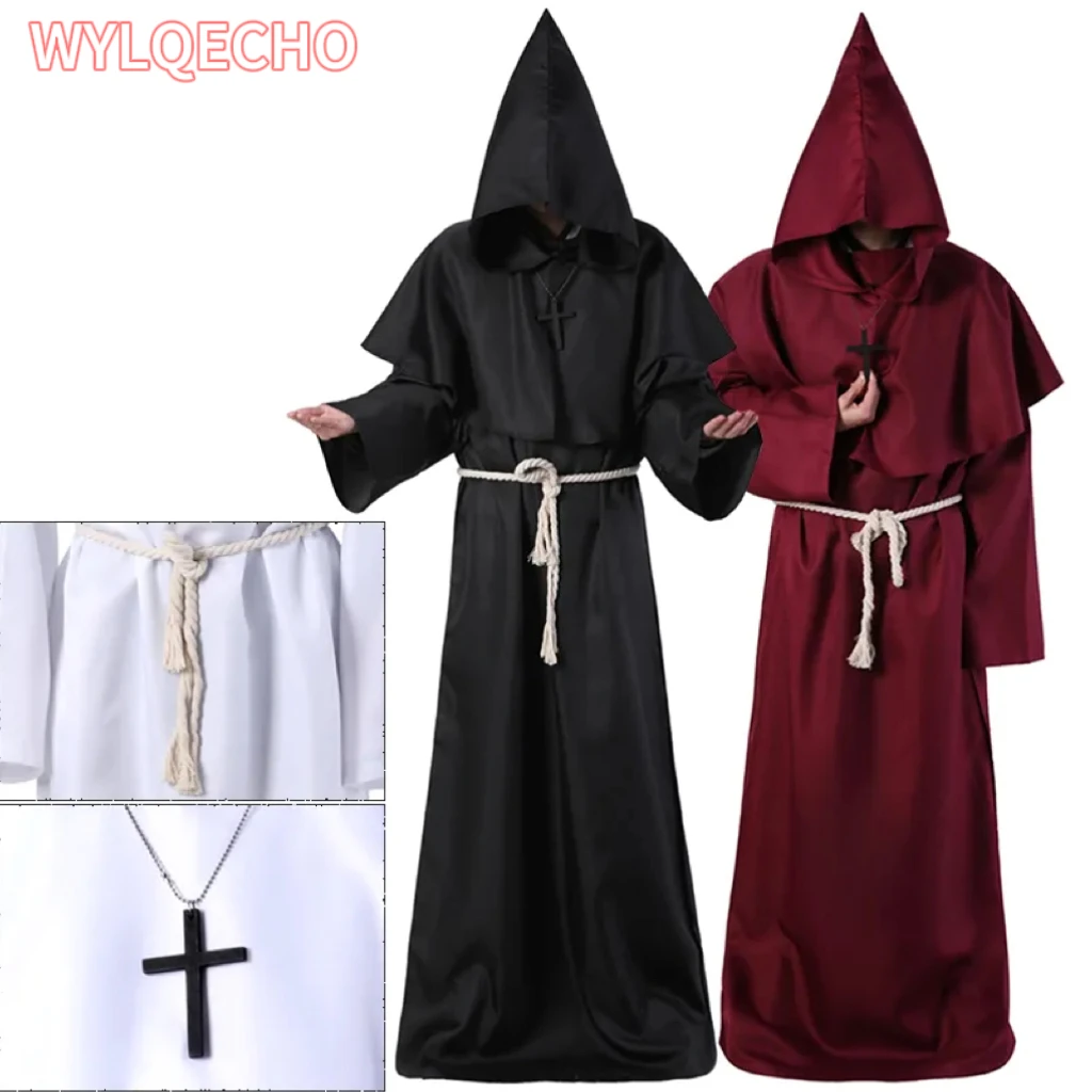 

New Wizard Costume Halloween Cosplay Costume Medieval Hooded Robe Monk Friar Robe Priest Costume Ancient Clothing Christian Suit