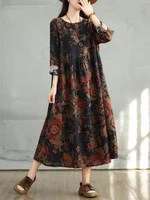Cotton Vintage Print Floral Dresses 2025 Women Casual Loose Long Sleeve Dress Femme Robe Vestidos Elegant Spring Autumn Clothing - Image 6