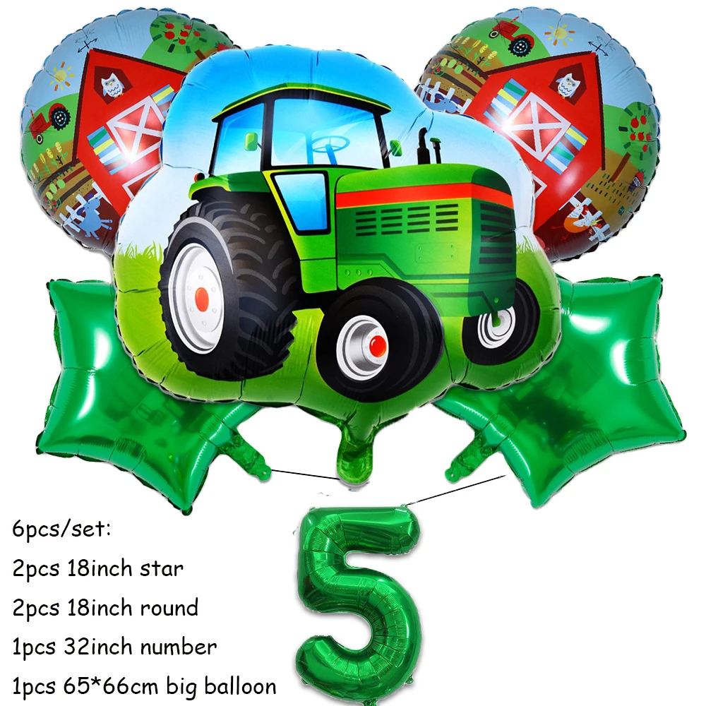 Green Farm Tractor Birthday Party Tableware Set with Banner, Balloons, Cups, Plates, and Napkins
