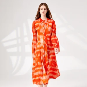 100% шелковое жаккардовое оранжевое розовое платье-поло с принтом тутового шелкопряда, однобортное шелковое платье средней длины с расклешенными рукавами, AY225