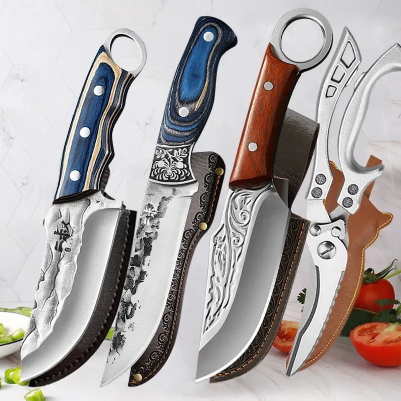 Kitchen Knife Meat Cleaver Forged Stainless Steel Boning Knife Fruit Meat Fish Cutting Tools Chef Slicing Utility Paring Cleaver Scissors Butcher Knives