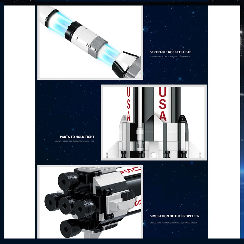 미국 NASAS 탐사 아폴로 새턴 V 우주 발사 로켓 빌딩 블록 브릭, 어린이 장난감 선물