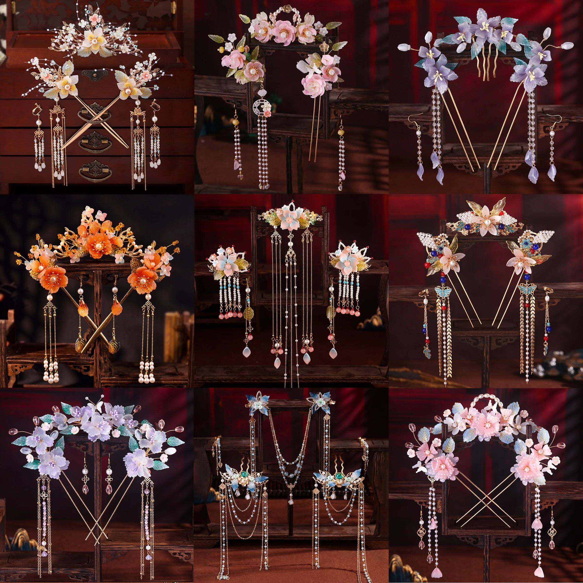 Chinese Flower Hairpin Long Tassel Step Shake Vintage Pearl Hair Clips Ancient Wedding Hair Accessories Retro Hanfu Jewelry Sets