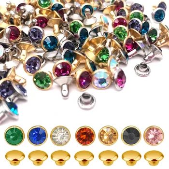 100 Sets 6MM Mixed Colors Rhinestone Rivets Crystal Rivets Studs Rapid Rivets Gold Color Spots Studsfor Leather Craft DIY Making