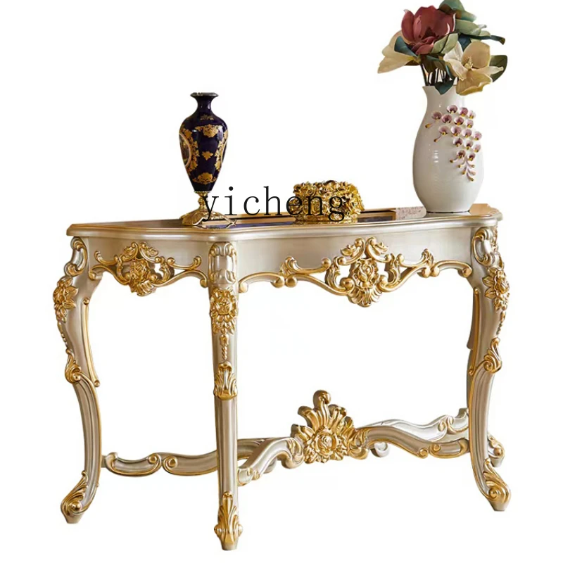 

Zf European-Style Wood Carved Champagne Drawing Foyer Decoration Table
