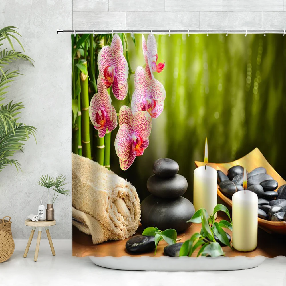 Zen Shower Curtain Hook Phalaenopsis Stone Green Bamboo Leaf Spa Printing Wall Cloth Bathroom Decor Bathtub Hanging Curtains Set