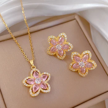 ZAKOL Stainless Steel Chain Luxury Sweet Pink Crystal Flower Necklace Stud Earrings Jewelry Set Accessories Gifts for Women 1