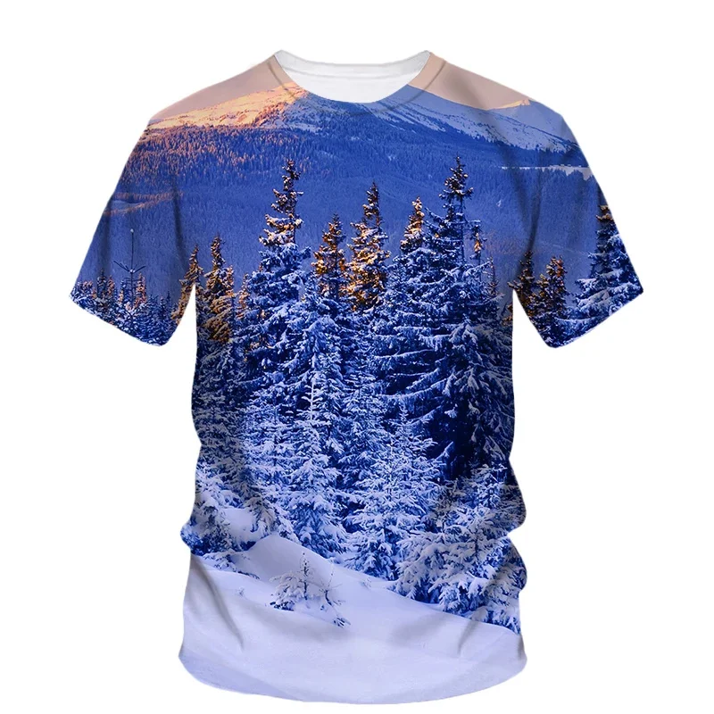 

Fashion Winter Snow Scenery T Shirt Men Summer Casual Trend Oversized Round Neck Short Sleeve Street Tees Tops Children T-shirt