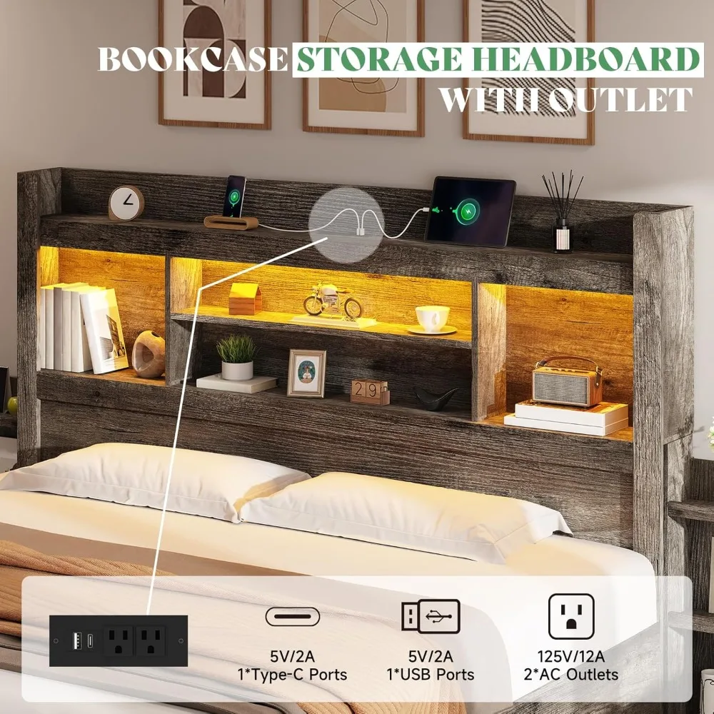 King Size Bed Frame with 4 Storage Drawers, LED Beds Frames with 49“ Tall Bookcase Headboard, Wood Platform King Bed Frame 4