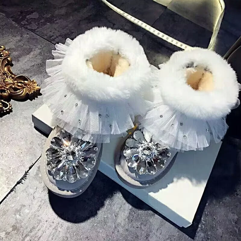 

White fox hair boots Rhine-diamond handmade custom fur one-piece boots Winter warm boots Lace Lace women's plus-size 35-44