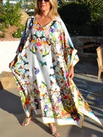 Beach Dresses Bird Bohemian Kaftans for Women 2025 New Loose Bikini Cover Ups Maxi Robe Elegant Bathing Suits